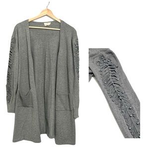 Ember Gray Beaded Applique Lace Long Line Long Sleeve Cardigan Sweater Large